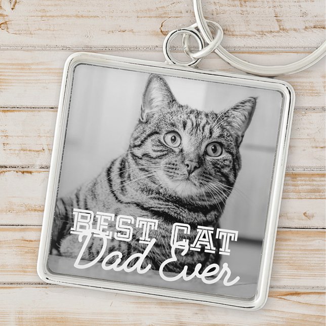 Bästa Cat Pappa någonsin Modern Anpassningsbar Pet Fyrkantig Silverfärgad Nyckelring (Skapare uppladdad)