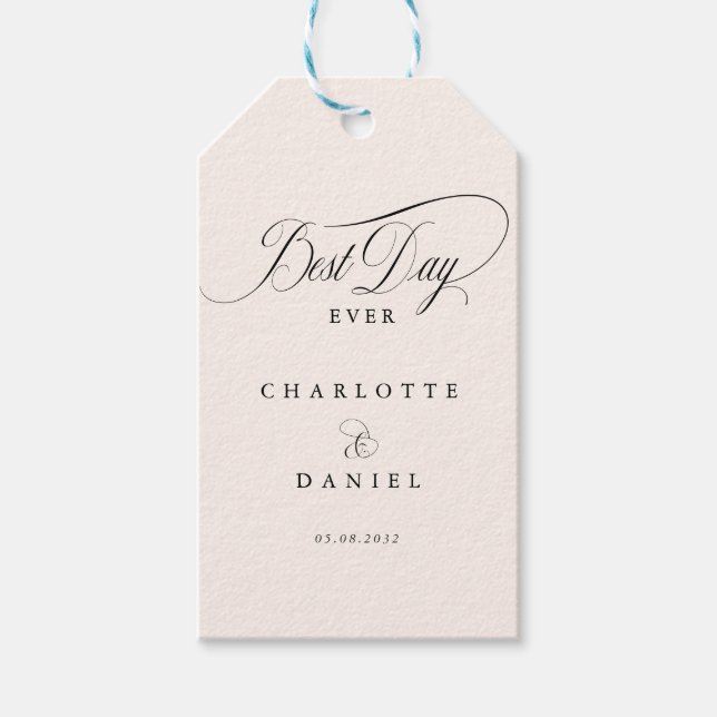 BÄSTA DAG NÅGONSIN! Elegant, Beige Bröllop Presentetikett (Framsidan)
