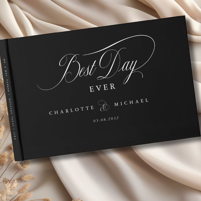 BÄSTA DAG NÅGONSIN! Elegant, Bröllop Gästböcker (BEST DAY EVER! Elegant, Black & White, Wedding Guest Book with your name and date. Scripted Font.)