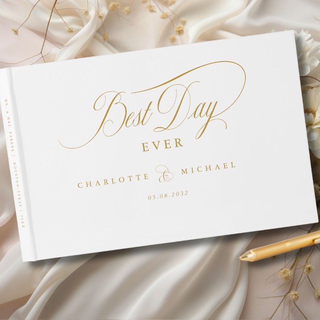BÄSTA DAG NÅGONSIN! Elegant, Bröllop Gästböcker (BEST DAY EVER! Elegant, White, Wedding Guest Book with your name and date. Scripted Font.)