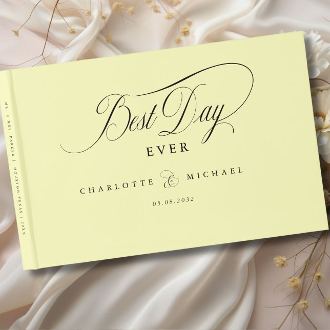 BÄSTA DAG NÅGONSIN! Elegant, Gult, Bröllop Gästböcker (BEST DAY EVER! Elegant, Yellow, Wedding Guest Book with your name and date. Scripted Font.)