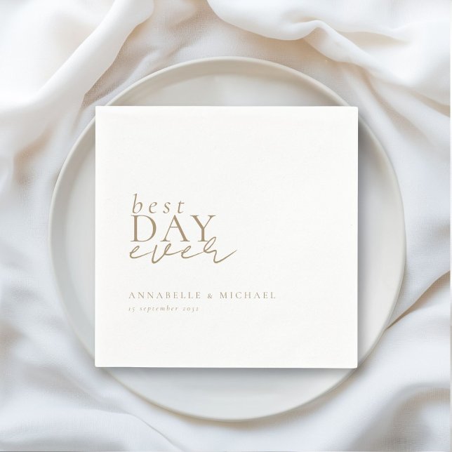 BÄSTA DAG NÅGONSIN! Modern, minimal, vit, Bröllop Pappersservett (BEST DAY EVER! Modern, Minimal, White-Brown, Wedding Napkins with your name and date.)