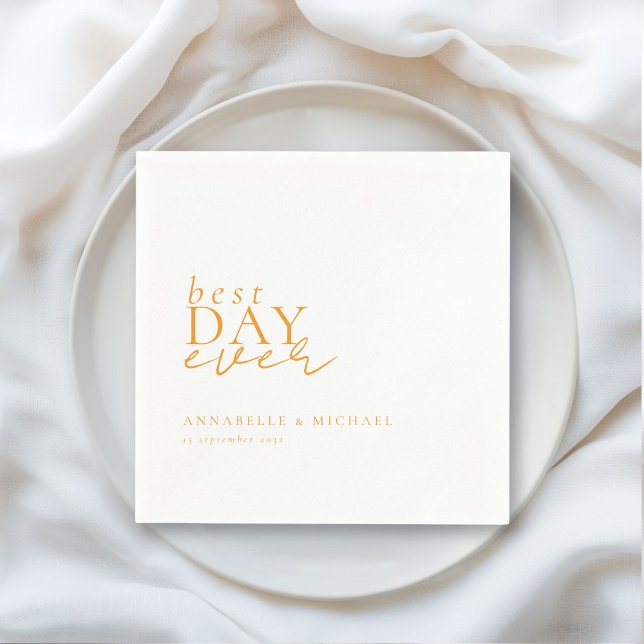 BÄSTA DAG NÅGONSIN! Modern, minimal, vit, Bröllop Pappersservett (BEST DAY EVER! Modern, Minimal, White-Orange, Wedding Napkins with your name and date.)