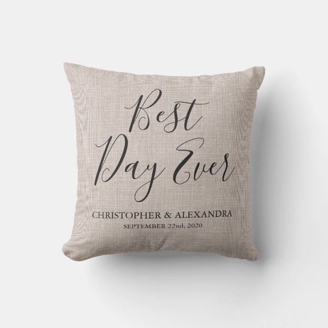 Bästa dagen någonsin Beige Linen Bröllop Kudde (Framsida)