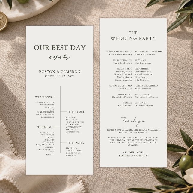 Bästa dagen någonsin Bröllopsceremoni Program Tids (Best Day Ever Wedding Ceremony Program Timeline ivory and olive green with wedding party and message)