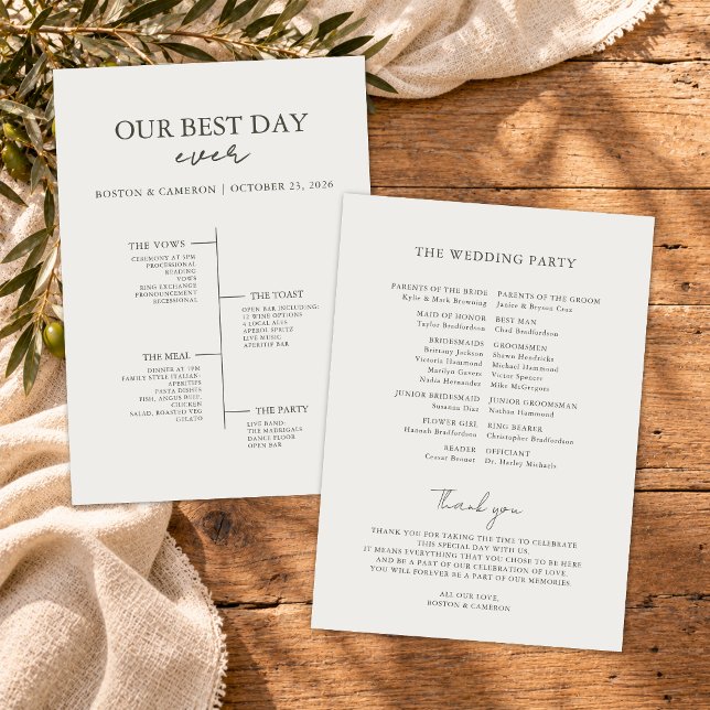 Bästa dagen någonsin Bröllopstidslinje Ceremoni Pr Program (modern minimalist best day ever wedding timeline ceremony program for elegant wedding day italy)