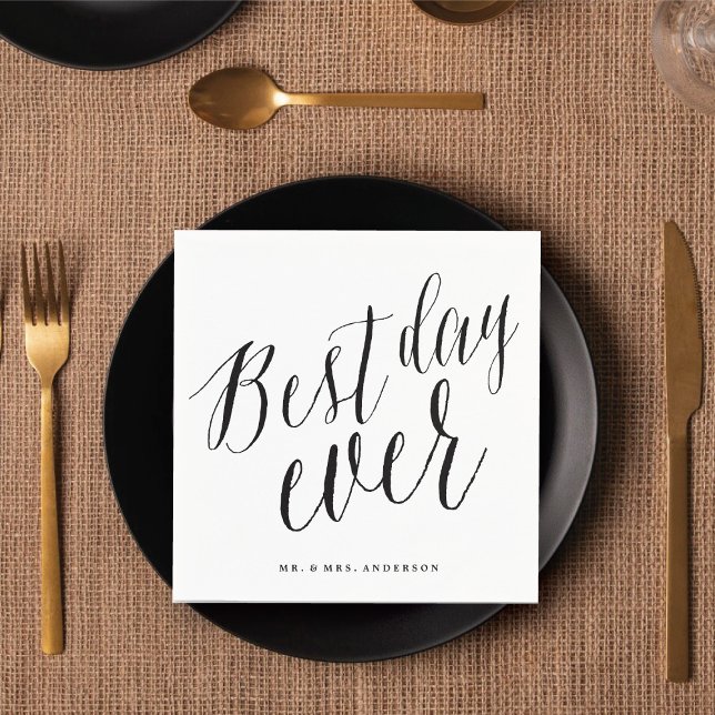 Bästa dagen någonsin Klassisk skriptkalligrafi Brö Pappersservett (BEST DAY EVER Classic Script Calligraphy Wedding Paper Napkins @ fatfatin_blue_knot)