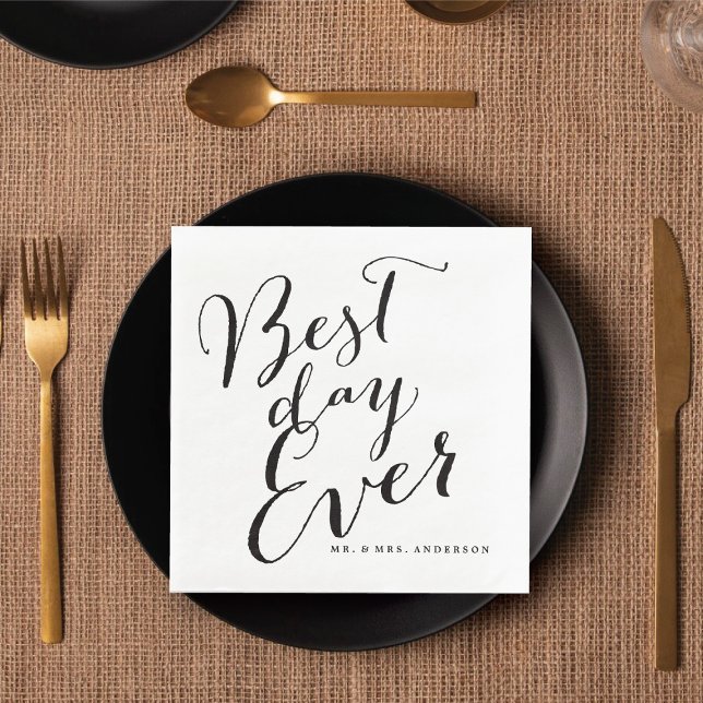 Bästa dagen någonsin Klassisk skriptkalligrafi Brö Pappersservett (BEST DAY EVER Classic Script Calligraphy Wedding Paper Dinner Napkins @ fatfatin_blue_knot)