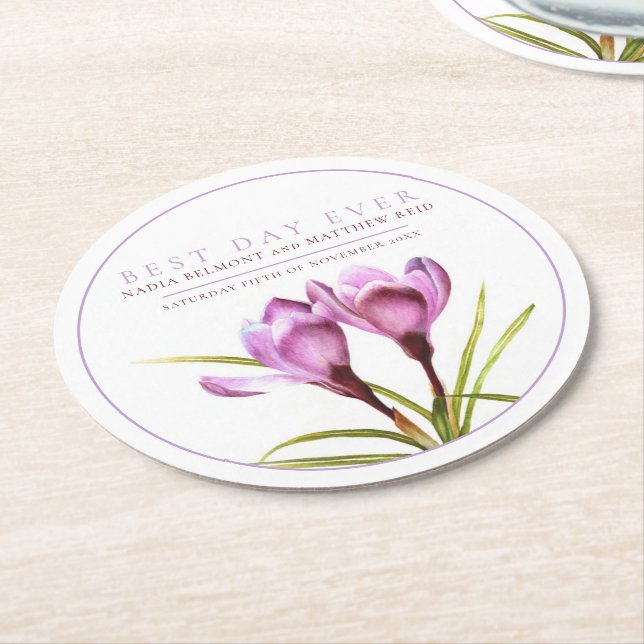 Bästa dagen någonsin lila krokfärgen bröllop underlägg papper rund (Vinklad)
