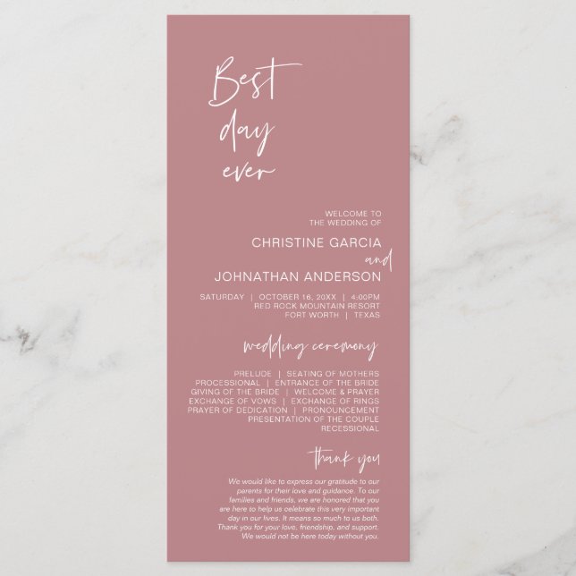 Bästa dagen någonsin, Modern Bröllop Dusty Ro Program (Framsida)