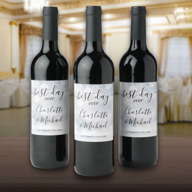 Bästa dagen någonsin-skript Winter Snöflingor Bröl Vinflaska Etikett (Best Day Ever Script Winter Snowflakes Wedding Wine Label)