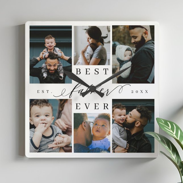 Bästa Far någonsin | Fars dag 6 Fotokollage Fyrkantig Klocka (Best Father Ever | Father's Day 6 Photo Collage Square Wall Clock)
