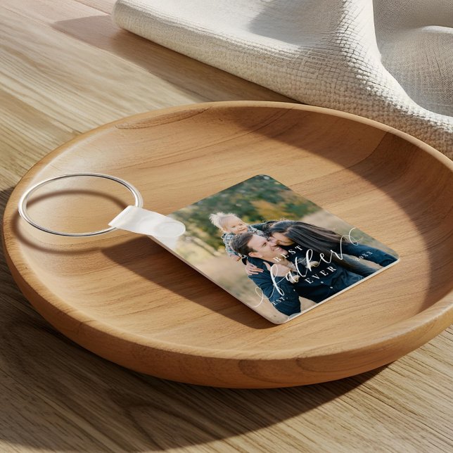 Bästa Far någonsin skript Fars dag Photo Keepsaké Nyckelring (Best Father Ever Script Fathers Day Photo Keepsake Keychain)