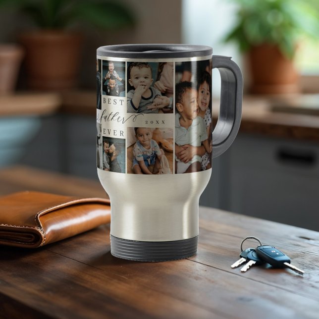Bästa Far någonsin-skript, fotokollage för Fars da Resemugg (Best Father Ever Script Father's Day Photo Collage Travel Mug)