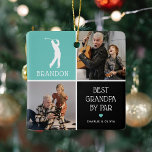 Bästa farfar efter Par Photo Collage-jul<br><div class="desc">Överraska din golfproffs morfar den här julen med den här söta fotoprynamenten. Med "Best Grandpa by Par"-designen kan du ladda upp 2 anpassningsbars bilder från din mobila dator och personifiera den moderna vita golfillustrationen med hans namn och ett barnbarn namn. Varje färg och text inslag, inklusive hjärtaccenten, kan anpassas med...</div>