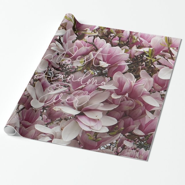 Bästa farmor någonsin Rosa Magnolia Flowers Blommi Presentpapper (Utrullad)
