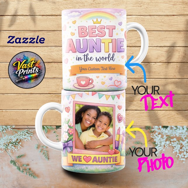 Bästa Faster Regnbågskrona Anpassad Fotokollage Mugg (Best Auntie Rainbow Crown Custom Photo Collage Mug)
