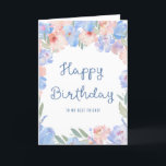 Bästa Friend Blue Rosa Blommigt Watercolor Birthda Kort<br><div class="desc">Ett vackert vattenfärgskort för blommigt som ska skickas till din bästa vän på födelsedagen. Mjuka dammiga blåblommor och  blommor i rosa skapar ett söt ram kring blommigtens födelsedagskort. Grattis på födelsedagen är skrivet i ett trendig och ett populärt skript. Du kan anpassa mottagaren om du vill.</div>