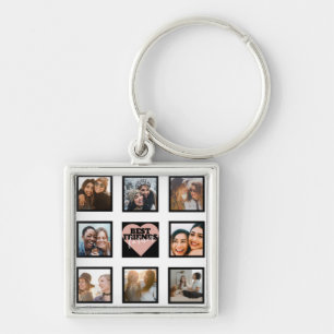 BÄSTA FRIENDS Photo Collage Ro Guld Heart Fyrkantig Silverfärgad Nyckelring