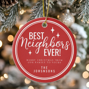 Bästa grannar någonsin Retro röd och vit Julgransprydnad Keramik