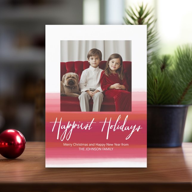 Bästa Helgdagar Modern vattenfärg 1 Fotoröd Julkort (Online Christmas Card - Print and Download Options)