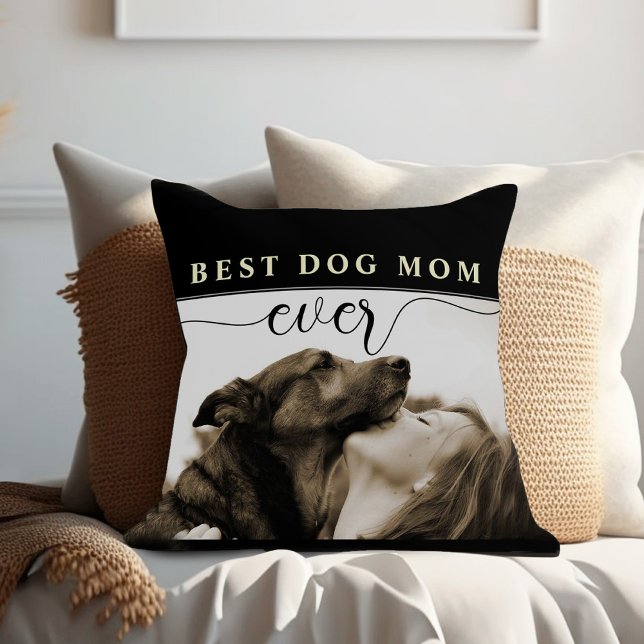 Bästa Hund Mamma någonsin Mors dag Dekorativ kudde (Best dog mom ever black and white simple modern pillow with photo)