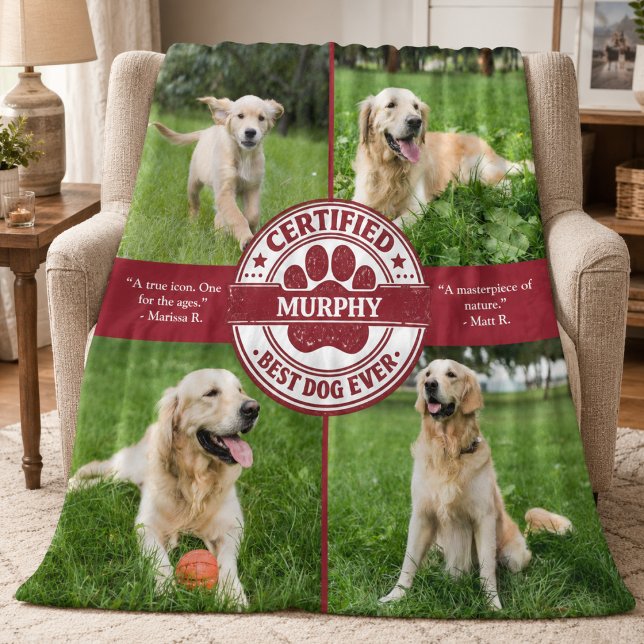 Bästa hund någonsin Foto Collage Fleecefilt (cute funny certified best dog ever 4 photo collage fleece blanket with custom pet photos and reviews)