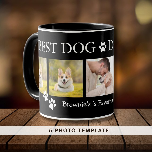 Bästa Hund Pappa någonsin 5 fotokollage Pet Namn B Mugg (Best Dog Dad Ever 5 Photo Collage Pet Name Black Mug)