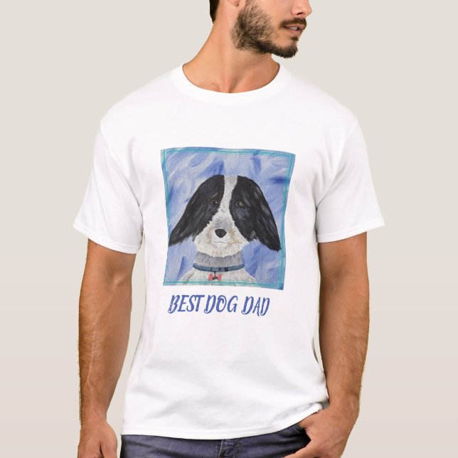 Bästa Hund, svart och vit Hårig på blå Pappa T Shirt (Framsida)