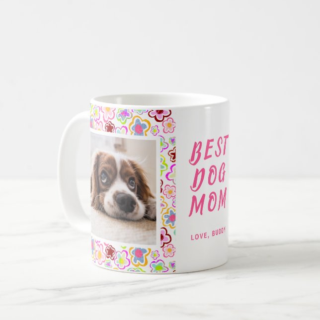 Bästa hundmamma blommönster foto kaffemugg (Framsida vänster)