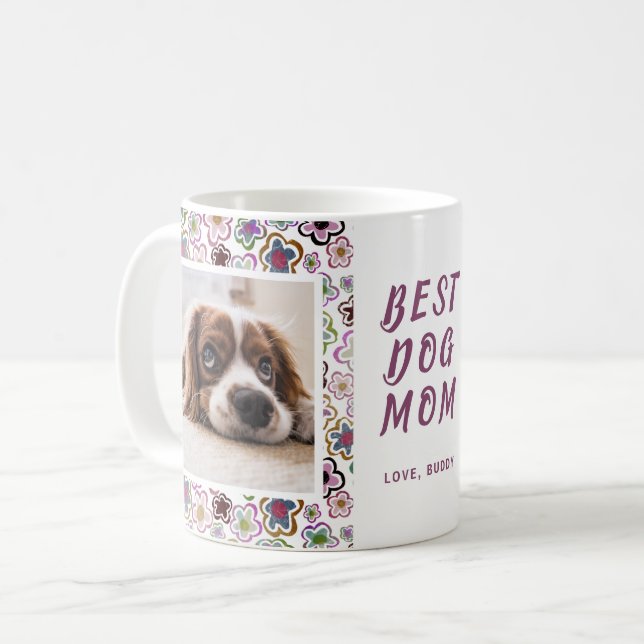 Bästa hundmamma blommönster foto kaffemugg (Framsida vänster)
