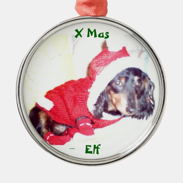 BÄSTA JULGRAN-ORNATIONER - MINI DACHSHUND ELF JULGRANSPRYDNAD METALL (Framsidan)