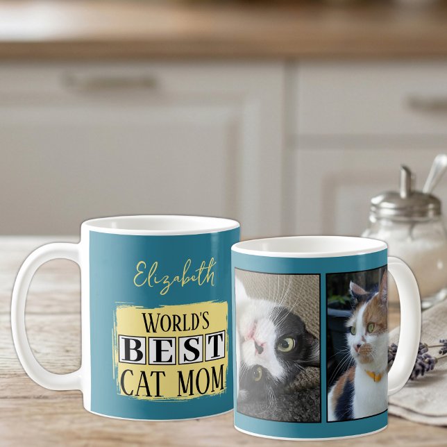 Bästa kattmamma 2 foto namn blå gul kaffemugg (Skapare uppladdad)