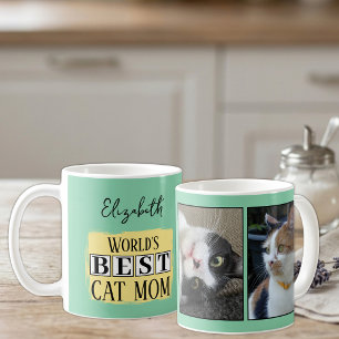 Bästa kattmamma 2 foto namn grön gul kaffemugg