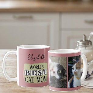 Bästa kattmamma 2 foto namn rosa grön kaffemugg