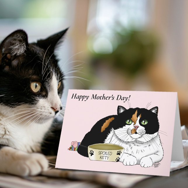 Bästa kattmamma bortskämd calico-mamma röda hjärta helgkort (Skapare uppladdad)
