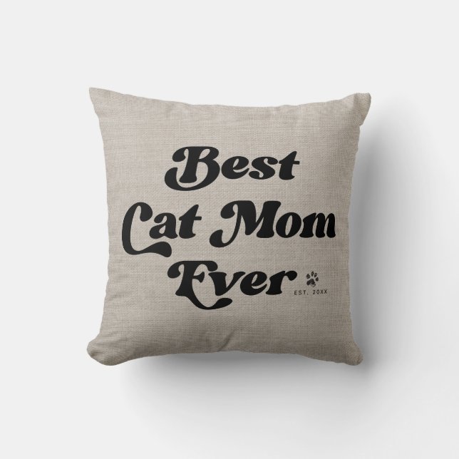 Bästa kattmamma någonsin Modern Rustik Linne Typog Kudde (Framsida)