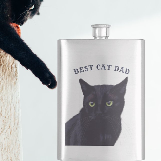 Bästa kattpappa söta svarta kattunge fadersdagsfla fickplunta (For the best cat dad in the world! The purrfect gift for him this Father's Day. Add his name!)