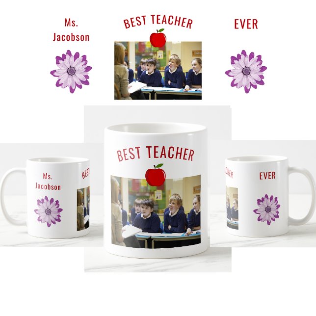 Bästa lärare någonsin Läraruppskattning Namn Photo Kaffemugg (Best Teacher Ever. Photo of students. Flowers. Modern, cute, elegant teacher appreciation mug)