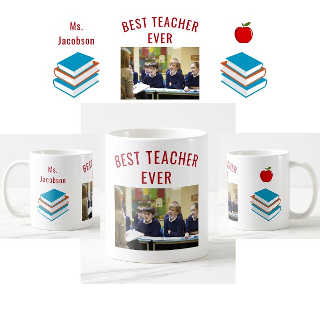 Bästa lärare någonsin Läraruppskattning Namn Photo Kaffemugg (Best Teacher Ever photo mug. Personalized name. Books. Apple. Modern, cute teacher appreciation mug)