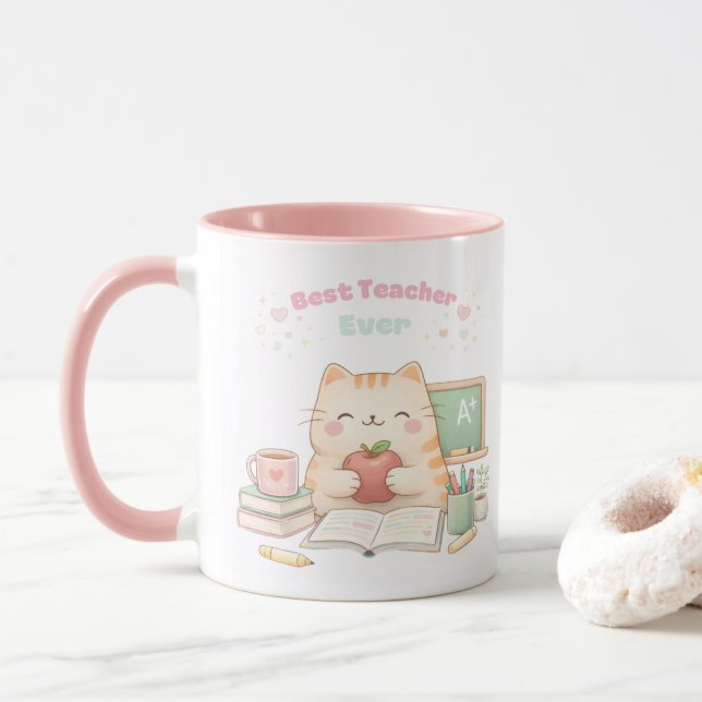 Bästa läraren någonsin söt Kawaii Kitty Katt Rosa Mugg (Med munk)
