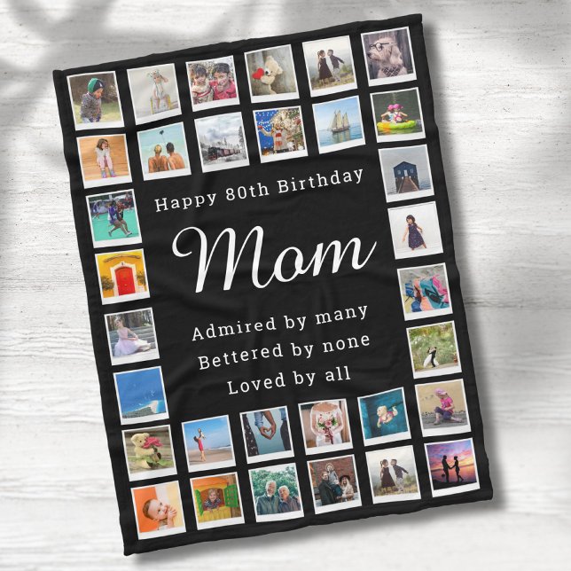 Bästa Mamma 80:e födelsedagsfotokollage svart Fleecefilt (Mom 80th birthday fleece blanket with your favorite photos and custom text.)