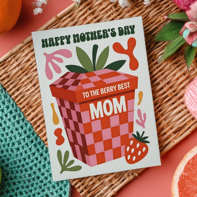 Bästa Mamma Bär Puns Jordgubbe Retro Mors Dag  Vykort (Skapare uppladdad)