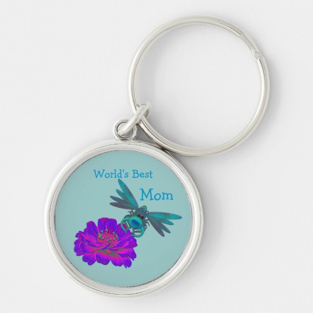 Bästa Mamma Cute Dragonfly Flower Keychain Rund Silverfärgad Nyckelring (Framsidan)
