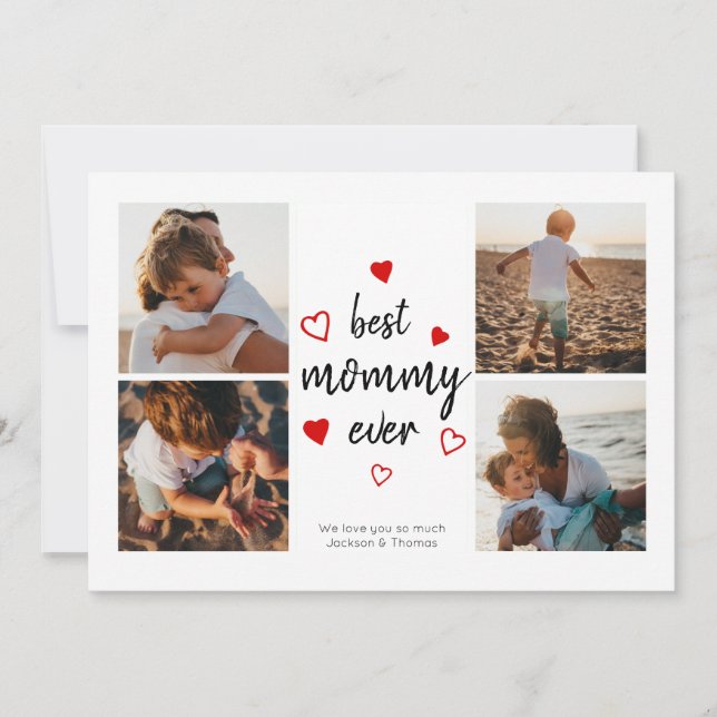 Bästa Mamma Cute Red Heart-typografi Foto Collage Kort (Framsida)