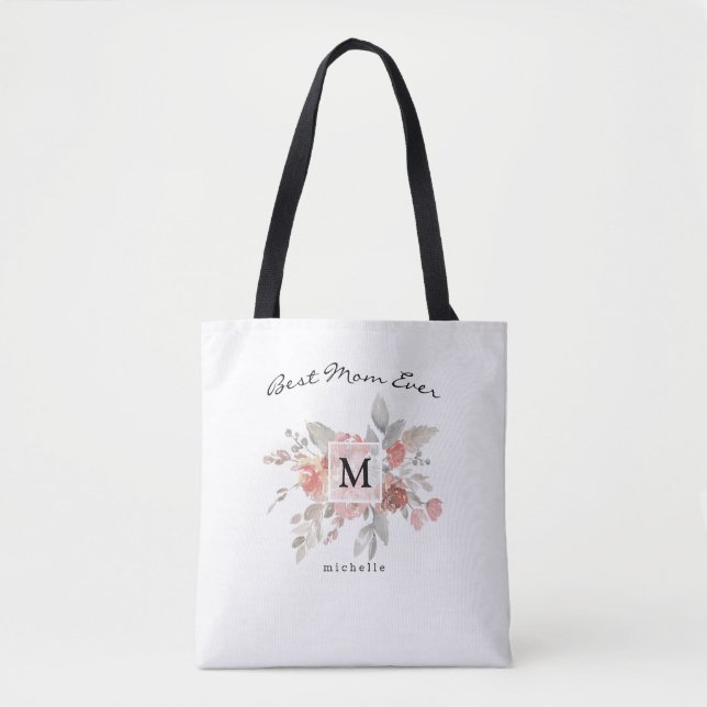 Bästa mamma Elegant rosablommig monogram Tygkasse (Framsida)