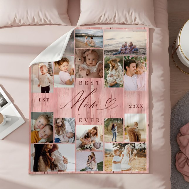 Bästa Mamma-familjens Foto Collage Rosa Woodgrain Fleecefilt (Best Mom Ever Family Photo Collage Pink Woodgrain Fleece Blanket)