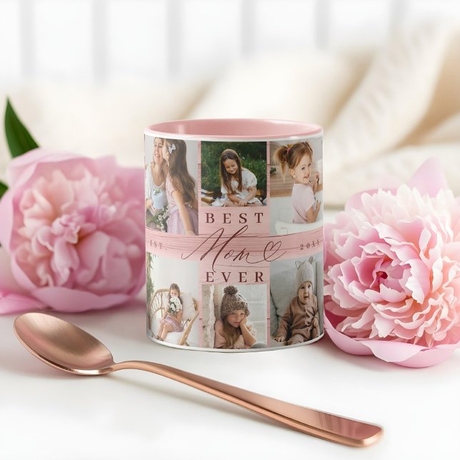 Bästa Mamma-familjens Foto Collage Rosa Woodgrain Mugg (Best Mom Ever Family Photo Collage Pink Woodgrain Mug)