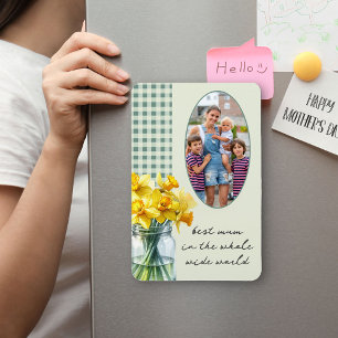 Bästa mamma Foto Grön Gingham och Narcisser i Kruk Magnet