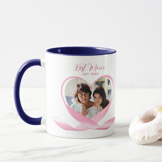 Bästa Mamma-foto med Rosa Ribbon Heart Mugg (Med munk)